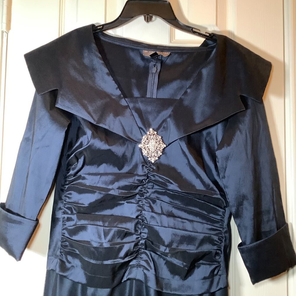 KM Collection by Milla Bell Navy Blue Gown with lace covering and silver brooch - Picture 2 of 8